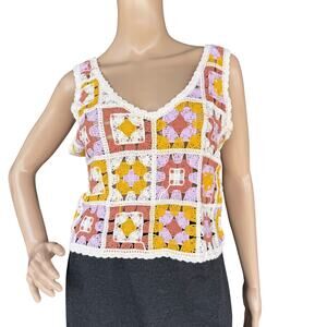 Rebellion Again Sleeveless V-Neck Cropped Knit Top, Size S, Crochet Sweater Vest